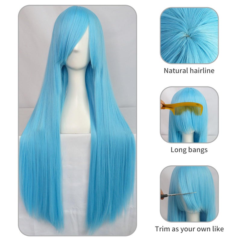 Anogol Hair Cap+32Inch/80cm Sky Blue Wig for Women Long Light Blue Wig with bangs Peluca Larga Azul Cielo Colored Wigs for Anime Cosplay Women Halloween Costumes Straight Wig for Halloween Party - Image 3